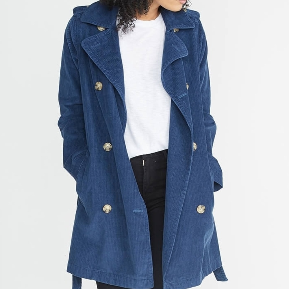 Marine Layer Kennedy Trench Coat Blue Corduroy M - Picture 2 of 8